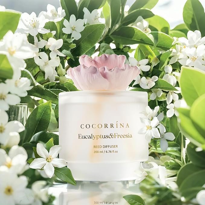 COCORRÍNA Gypsum Flower Reed Diffuser Set for Bathroom Décor – Eucalyptus & Freesia Scent, 6.76 oz with Sticks & Oil – Home Fragrance for Bathroom & Living Space