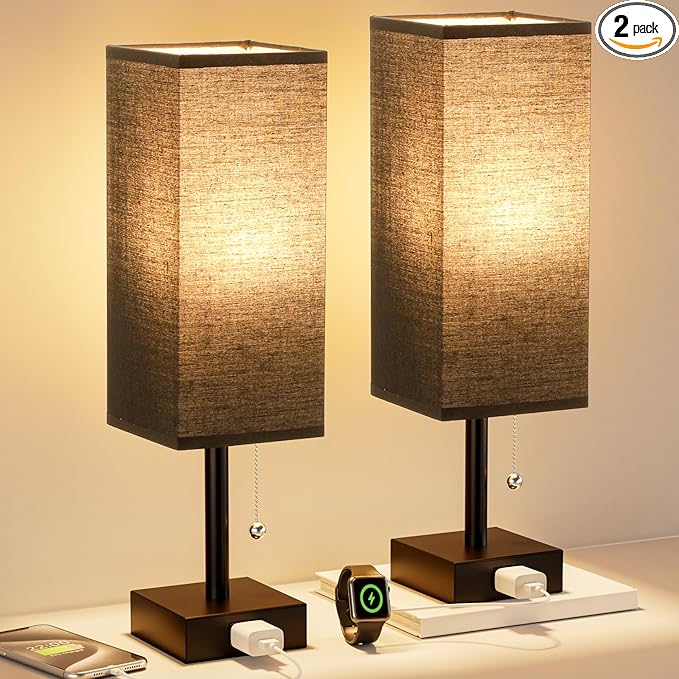Fenmzee Black Table Lamps for Bedroom Set of 2 - Nightstand Lamp with AC Outlet Charging Port, 3 Color Temperatures Desk Light with Bulb, Small Tabletop Reading Lamp for Living Room/Dorm/Office