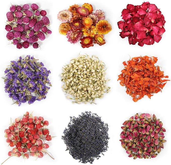 9 Bags Dried Flowers,100% Natural Dried Flowers Herbs Kit for Soap Making, DIY Candle Making,Bath - Include Rose Petals,Lavender,Don't Forget Me,Lilium,Jasmine,Rosebudsand More