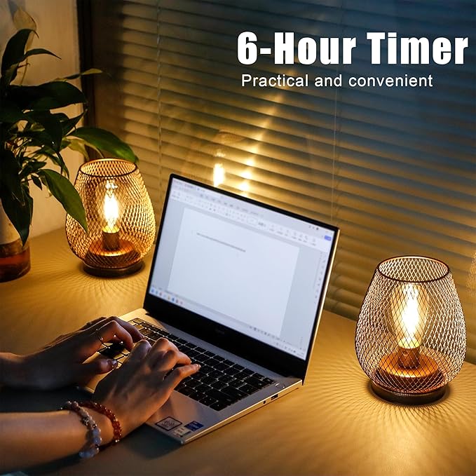 JHY DESIGN Set of 2 Metal Cage LED Lantern Battery Powered Cordless Accent Light with LED and 6-Hours Timer Great for Weddings Parties Patio Events for Indoors Outdoors