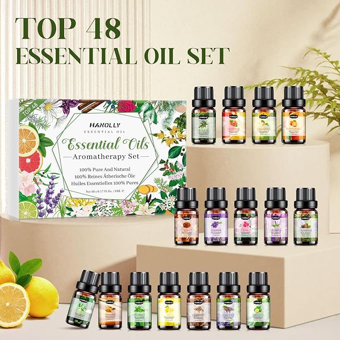 Essential Oils Set, Aromatherapy Essential Oil Kit for Diffuser, Candle, Soap Making, Massage, Skin Care (48 x 5ml) - Sandalwood, Eucalyptus, Lavender, Tea Tree, Peppermint Aromatherapy Oil