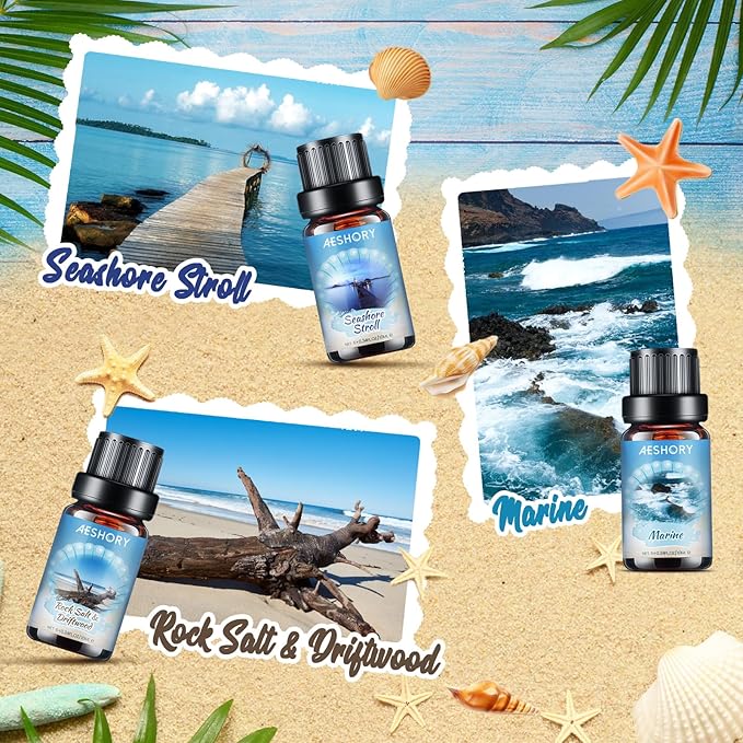 Beach Fragrance Oils Set,6 Premium Summer Essentials Oils for Diffusers for Home,Candle & Soap Making, Ocean Breeze,Hawaiian Suntan,Sun & Sand,Marine,Rock Salt & Driftwood,Seashore Stroll Scented Oil