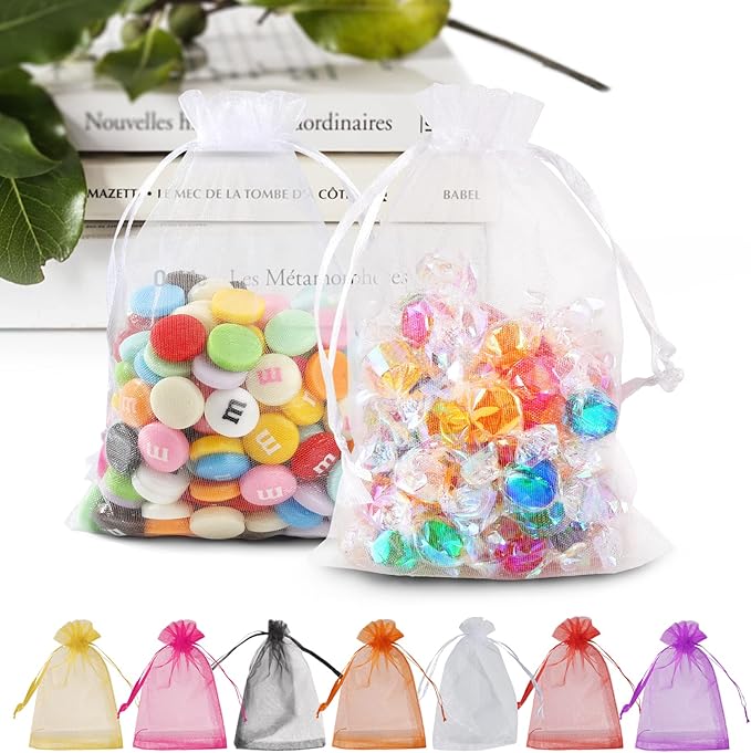 ANZNKU 100PCS Premium White Organza Bags 5x7 inches Mesh Bags Drawstring, Small Gift Pouches for Wedding Festival Makeup Party Favor