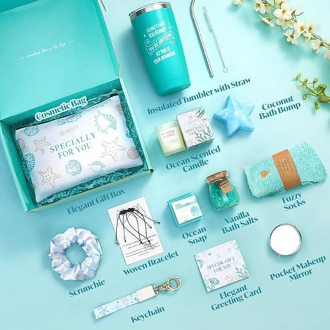 Briney 13Pcs Birthday Gifts for Women, Care Package for Women, Gift Basket, Unique Relaxing Ocean Themed Present for Mom Wife Sister Best Friend, Blue
