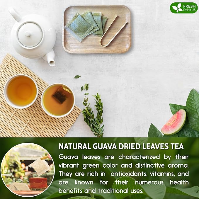 FreshDrinkUS, Premium 15 Guava Leaf Tea Bags, 100% Natural & Pure. Loose Leaf Guava Herbal Tea. No Sugar, No Caffeine, No Gluten, Vegan.