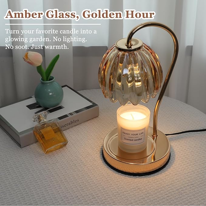 Flower Candle Warmer Lamp with Timer & Dimmer, Aromatherapy Candle Lamp for Scented Candles, Modern Amber Glass Candle Lamp Warmer, for Her, Home Bedroom Decor