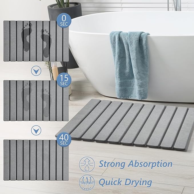 AWW Foldable Stone Bath Mat, Super Absorbent Diatomaceous Earth Mats, Non-Slip 23.6 x 15.5 Inch Quick Drying Mat, Compact and Easy to Store Bath Mats for Bathroom, Easy to Clean, Grey