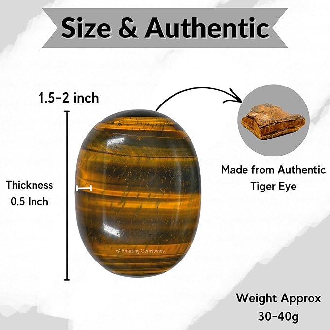 Amazing Gemstone Tiger Eye Crystals and Healing Stones - Large Palm Stone Crystals Piedra - Crystal for Good Luck, Balanced Positive Energy, Meditation - Unique Stocking Stuffers Gifts for Women, Men