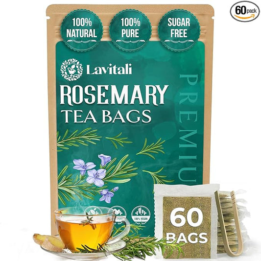 Lavitali, Rosemary Leaves Tea Bags | 60 bags, 100% Pure Herbal Tea | Caffeine-Free, No Sugar, Eco-Friendly Filter Bags | Daily Natural Botanical, Hot or Iced Herbal Infusion