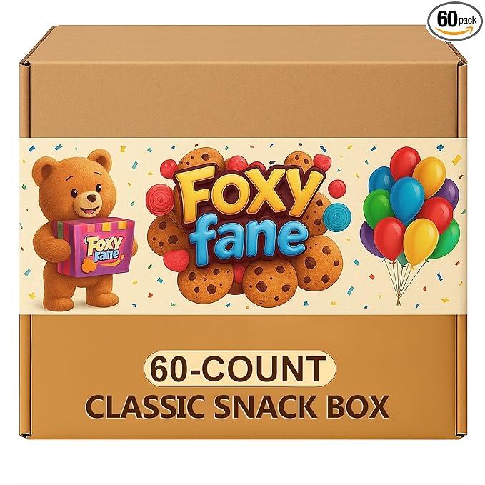 Foxy Fane 60 count Ultimate Holiday Gift Snack Box - Care Package with Assortment of Chips, Cookies, Candy, Crackers & other Snacks - Bulk Bundle of Delicious Treats (60 Snacks - Assorted Pack)