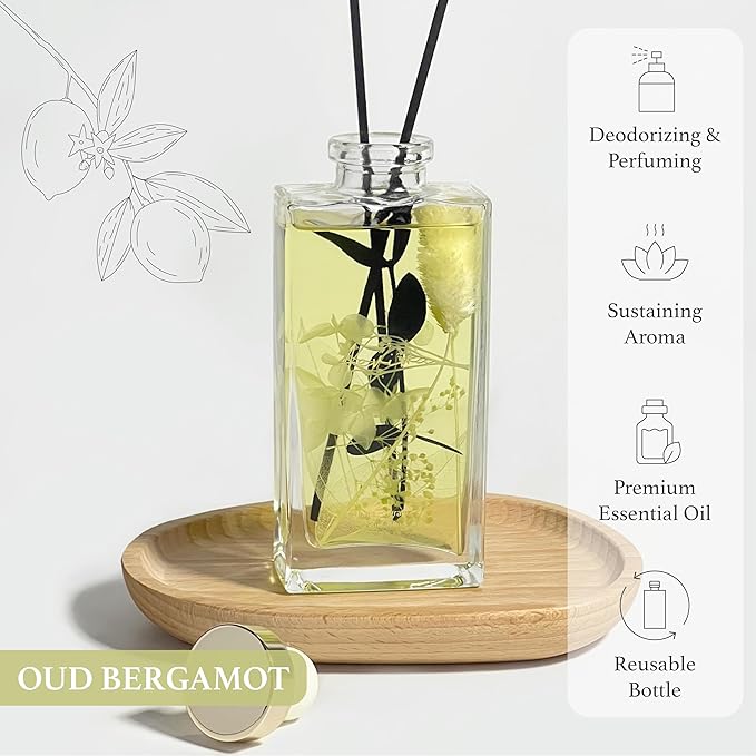 Reed Diffuser Set, 5 fl oz Oud Bergamot Scented Oil Diffuser, Home Fragrance with Cotton Reed Sticks for Bedroom, Office, Bathroom Shelf Decor & Gifts