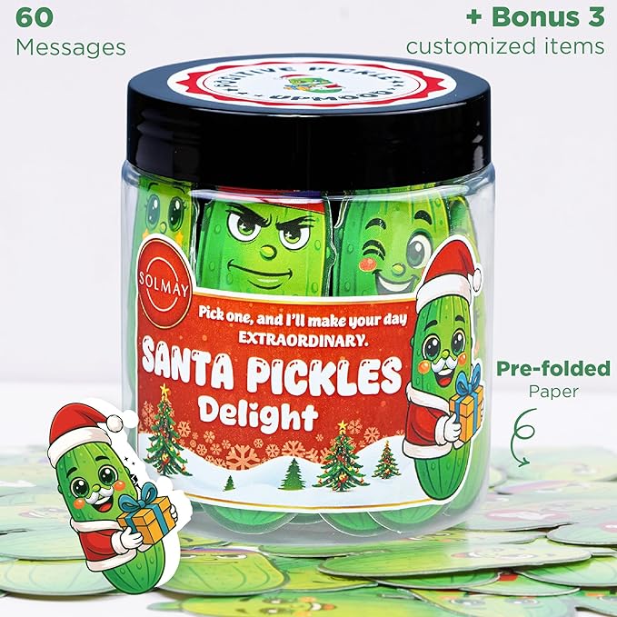 Funny Holiday Pickle Jar for Santa – 60 Motivational Notes & Gag Affirmations | Secret Santa Gift, Stocking Stuffer, Christmas Desk Decor, Just Because Holiday Pickle Gift for Adults, Coworkers