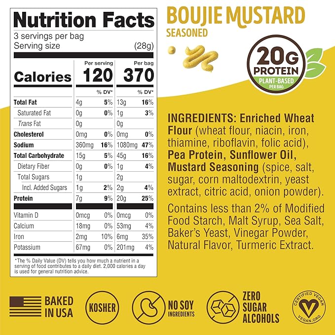 Lenny & Larry's Boujie Mustard FITZELS- Savory Pretzel Snacks Incredibly Tasty, High Protein, Salty, Vegan, 20 g's of Plant Based Protein 8 (eight) Bags, 3 oz Each