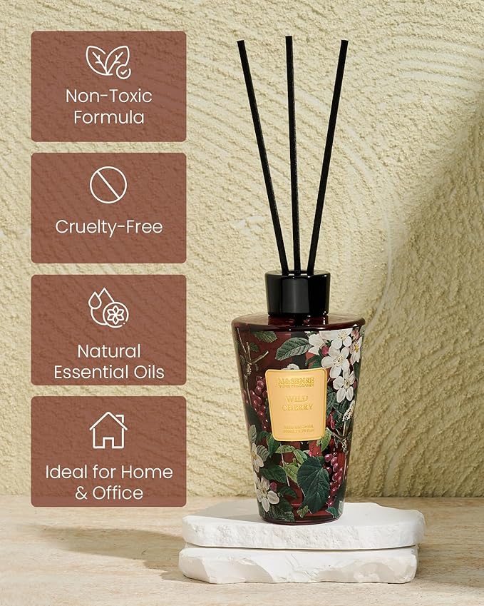 M&SENSE Wild Cherry Reed Diffuser Set - 8.79fl oz Home Fragrance Non-Toxic Natural Essential Oil Diffuser with Sticks, Air Freshner Gifts for Home Fragrance Decor