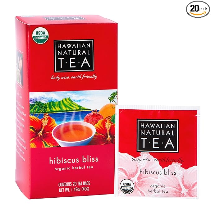 Hawaiian Natural Tea - Organic Hibiscus Bliss Herbal Tea, Caffeine-Free Hibiscus, All-Natural and Antioxidant-Rich Wellness Tea, Vegan and Keto-Friendly, 20 Bags