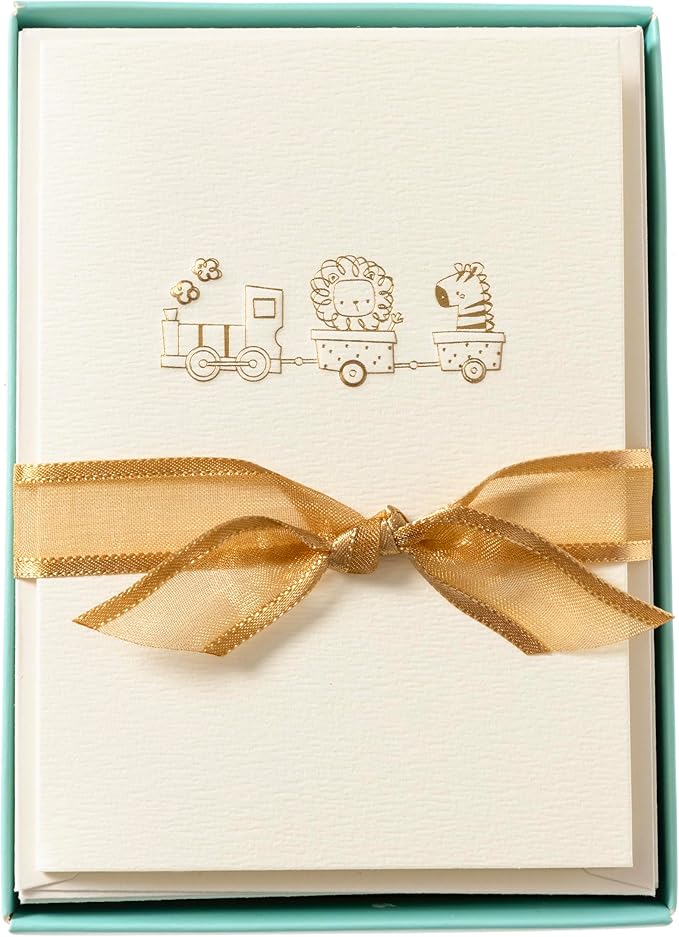 Graphique Baby Train Cards, Pack of 10 Cards with Envelopes, Newborn Greeting, Congratulations to New Parents, Blank Inside, Gold Foil Embossing, La Petite Press Collection Boxed Set, 3.25" x 4.75"