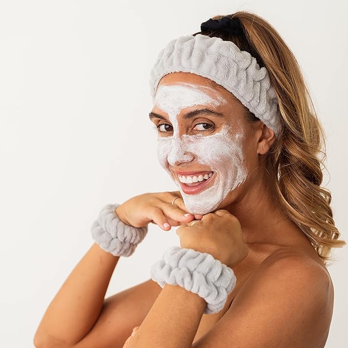 FROG SAC Spa Headband and Wristbands for Face Washing, Fuzzy Skincare Make Up Headbands Set for Women, Soft Puffy Makeup Skin Care Facewashing Hair Band Accessories for Girls (Gray)