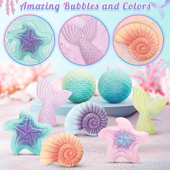 Mermaid Bath Bombs for Kids with Surprise Toys Inside, 8 Pcs Organic Natural Bubble Bath Bombs for Girls,Christmas Birthday Gift for 3 4 5 6 7 8 Year Old Girl,Princess Bath Bomb Kit with Mermaid Toys