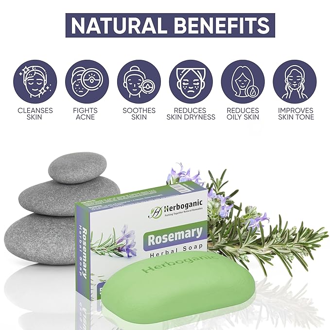 HERBOGANIC Rosemary Herbal Soap | Pack of 6 of 5oz soap Bar | Ideal for Men and Women, Soothing and Nourishing Soap for Moisturization