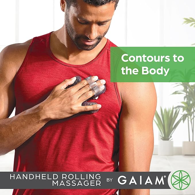 Gaiam Restore Hand-Held Rolling Massager, Palm-Shaped Roller Glove with Seven 360-degree Stainless Steel Roller Balls, Arms, Chest, Thigh, Back & Neck Massager to Reduce Sore Muscles
