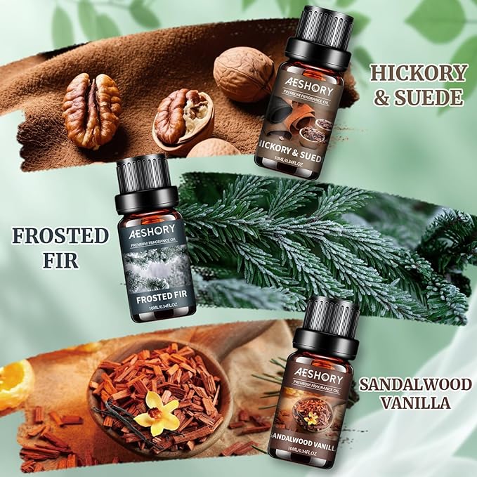 Woodland Essential Oils Set, Woody Scent Fragrance Oil Kit, Aromatherapy Oils for Diffusers (6 * 10ML), Sandalwood &Vanilla, Forested Fir,Palo Santo&Mahogany,Cedar & Amber, Oud &Balsam,Hickory&Suede