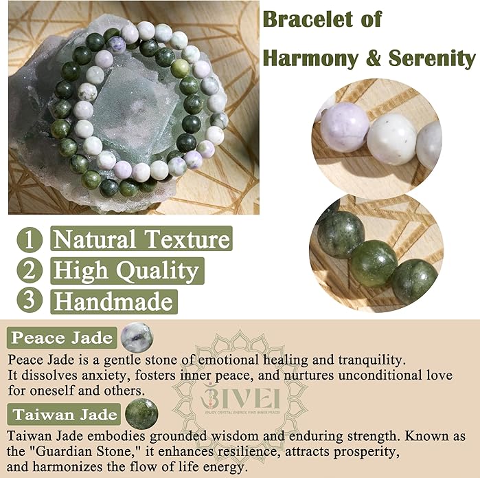 Bivei Natural Gemstone Semi Precious Healing Crystals Handmade Stretchy Round Beads Bracelet, Enhance Positive Energy