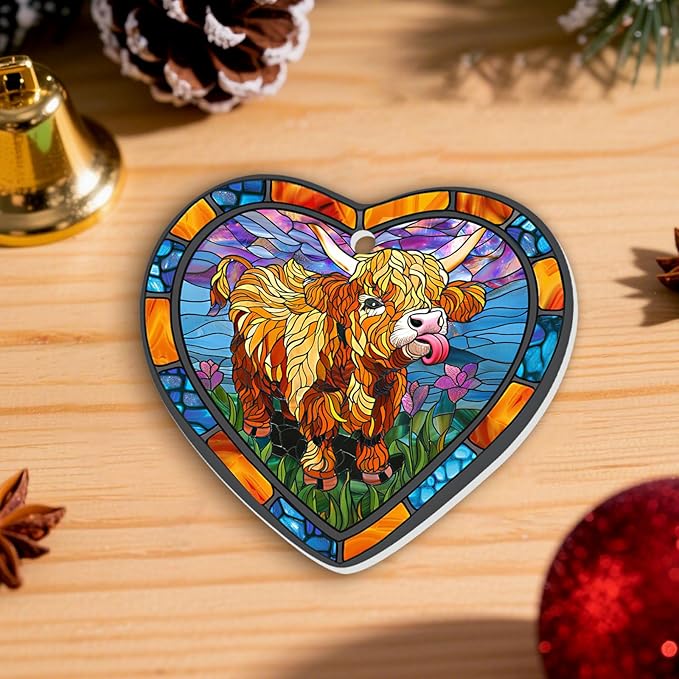 1pc 2 Side Printed Highland Cow Ceramic Ornament 2025, Heart-Shaped Christmas Tree, Cute Keepsake Decoration