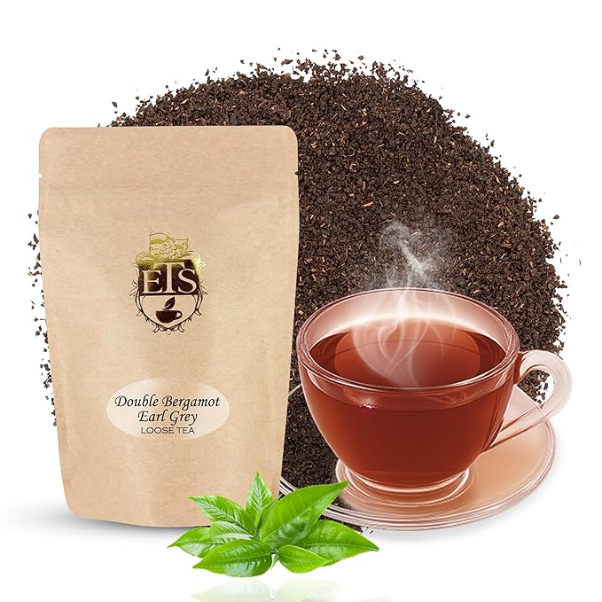 Double Bergamot Earl Grey Tea - 4oz | Loose Leaf Tea Pouches | English Tea Store Blend | Strong Citrus Flavor with Indian & Ceylon Black Tea | Hot or Iced Tea Brewing