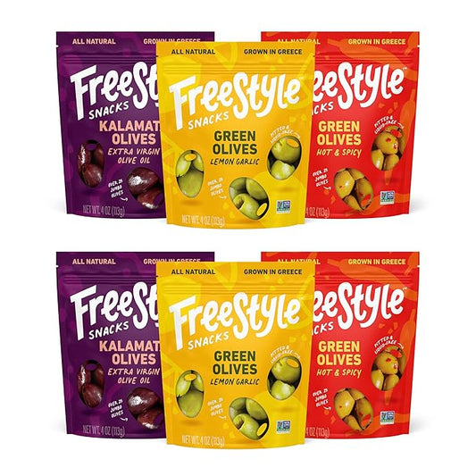 Freestyle Snacks Olive Snack Packs - Fresh Pitted Kalamata & Green Olives, Jumbo-Sized, Grown in Greece, Salty Snack, All Natural, Non-GMO, Paleo, Sugar-Free, Keto Snacks - Variety Pack, 4oz (6 Pack)