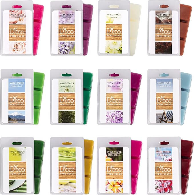 D'Eco Floral Scented Wax Melts - 12 Count Variety Pack Home Fragrances - Long Lasting Scented Wax Tarts for Warmers - Rose, Pine, Winter Berry, Lavender, Jasmine, Sea Salt Linen, Lilac & Nature Scents