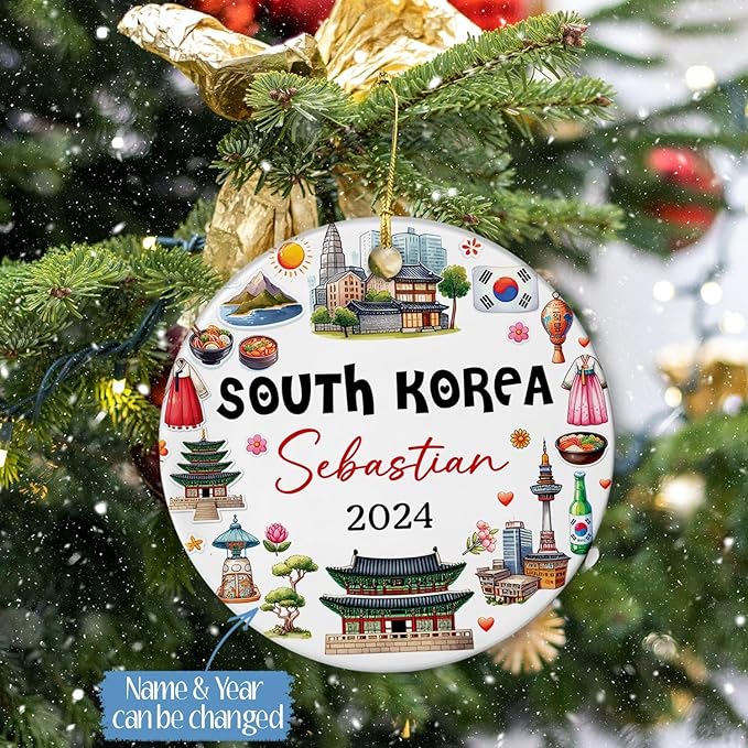 Artistic South Korea Landmarks and Heritage Christmas Keepsake Decor, Personalized Cultural Korean Ceramic Ornament Xmas 2025, Custom Name South Korea City Travel Souvenir Christmas Ceramic Ornament