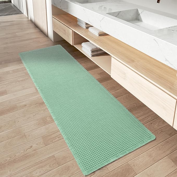 AMOAMI Upgraded Waffle Runner Rug Super Absorbent Non Slip Bath Mats for Bathroom Machine Washable Bathroom Runner Rug with Tassels, Ideal for Hallway Bedroom Laundry Room, 2'x 5'(24" x 60"), Sage