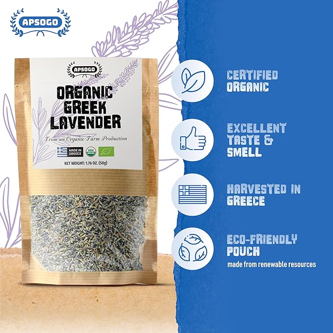 APSOGO Organic Dried Lavender Flowers - Premium Greek Culinary Lavender for Tea, Relaxation & Fragrance - Whole Buds in Resealable Pouch - 1.76oz