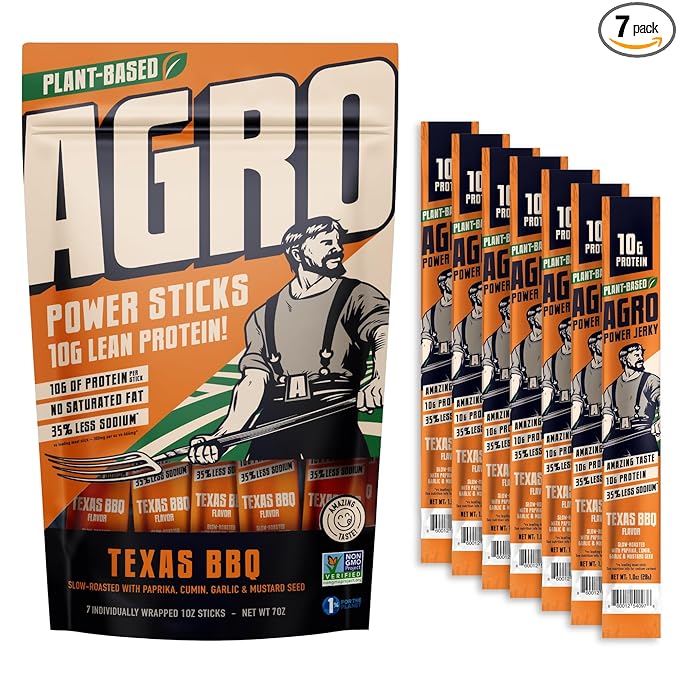 AGRO POWER Vegan Jerky Sticks, Texas BBQ Flavor Plant-Based, 7 Stick Bag with 10g Protein, Non-GMO, 40% Less Sodium, Zero Cholesterol, Meat Alternative, High Protein Snack for Lunch, On-the-Go Fuel