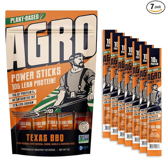 AGRO POWER Vegan Jerky Sticks, Texas BBQ Flavor Plant-Based, 7 Stick Bag with 10g Protein, Non-GMO, 40% Less Sodium, Zero Cholesterol, Meat Alternative, High Protein Snack for Lunch, On-the-Go Fuel