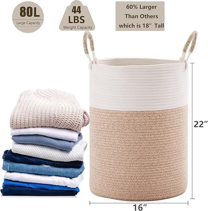 80L Large Hamper Laundry Basket Tall Woven Rope Clothes Hamper Blanket Basket in Living Room Bathroom Bedroom Brown