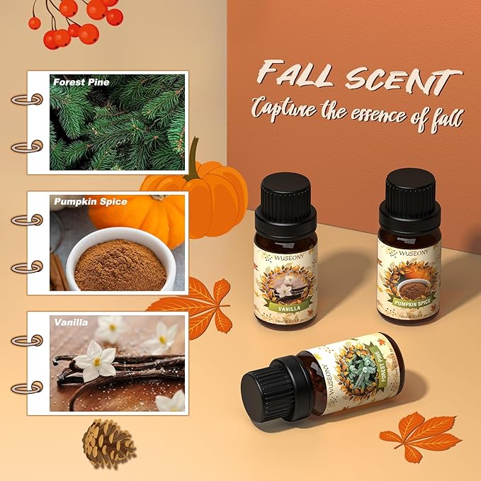 Fall Essential Oil for Diffusers, Autumn Fragrance Oil Set, Aromatherapy Oils Gift Set for Candle Soap Making - Apple Cider, Nutmeg, Snickerdoodle, Vanilla, Forest Pine, Pumpkin Spice, 6x10ml