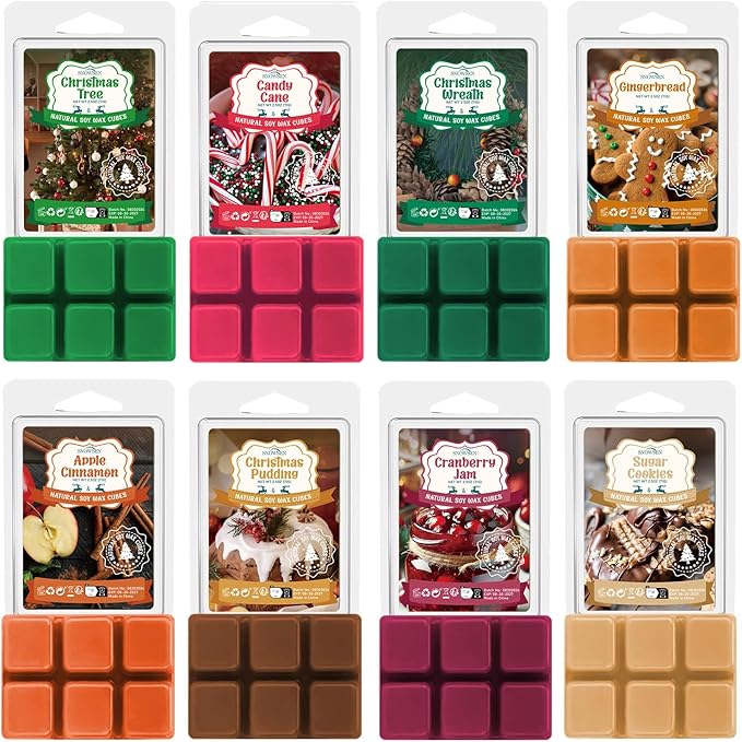 Christmas Wax Melts, 8 Pack Winter Scented Wax Cubes, Soy Wax Cubes Strong Scent, Wax Melts Tarts for Warmer - Apple Cinnamon, Christmas Pudding, Candy Cane and More, Colored Wax Melt Gift Set