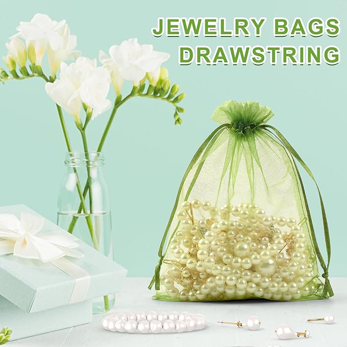 ANZNKU 100PCS Premium Green Organza Bags 5x7 inches Mesh Bag Drawstring, Gift Bags for Party, Wedding Christmas Favor