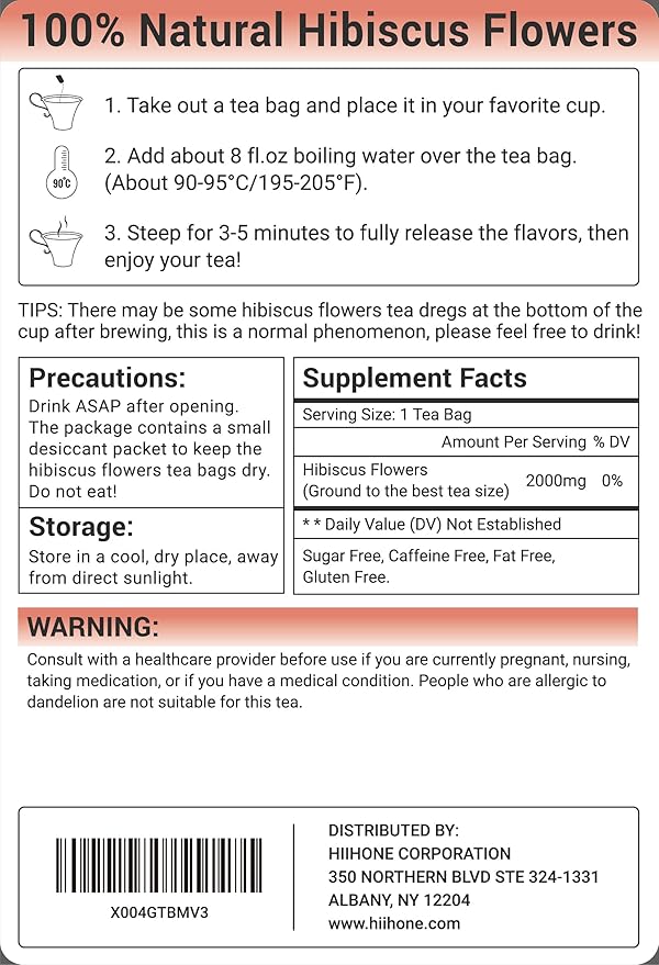 Hibiscus Tea Bags, Hibiscus Flower Herbal Tea - Caffeine & Sugar Free, 120 Teabags