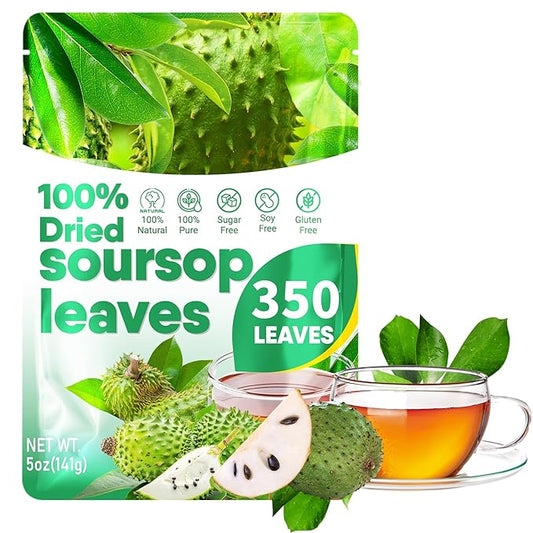 350+ Soursop Graviola Dried Leaves for Tea - 100% Natural Whole Dried Soursop Leaves, 5oz (141 g), No Additives or Preservatives, Herbal Tea, Caffeine Free, Sugar/Soy/Gluten Free
