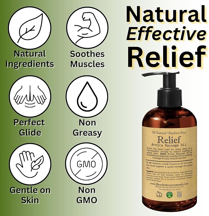Relief Arnica Massage Oil – Great for Sports & Athletic Therapeutic Massage – All Natural - Arnica Montana for Sore Muscle Relief. Contains Sweet Almond, Jojoba, Grapeseed & Essential Oils 8oz