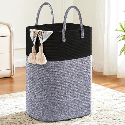 Laundry Basket,Woven Cotton Rope Laundry Hamper,Versatile Storage for Dirty Clothes,Baby Toys,and Blankets in Bathroom, Nursery,and Living Room (Black, 80L)