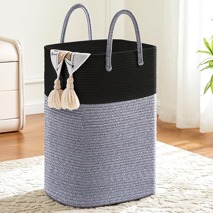 Laundry Basket,Woven Cotton Rope Laundry Hamper,Versatile Storage for Dirty Clothes,Baby Toys,and Blankets in Bathroom, Nursery,and Living Room (Black, 40L)