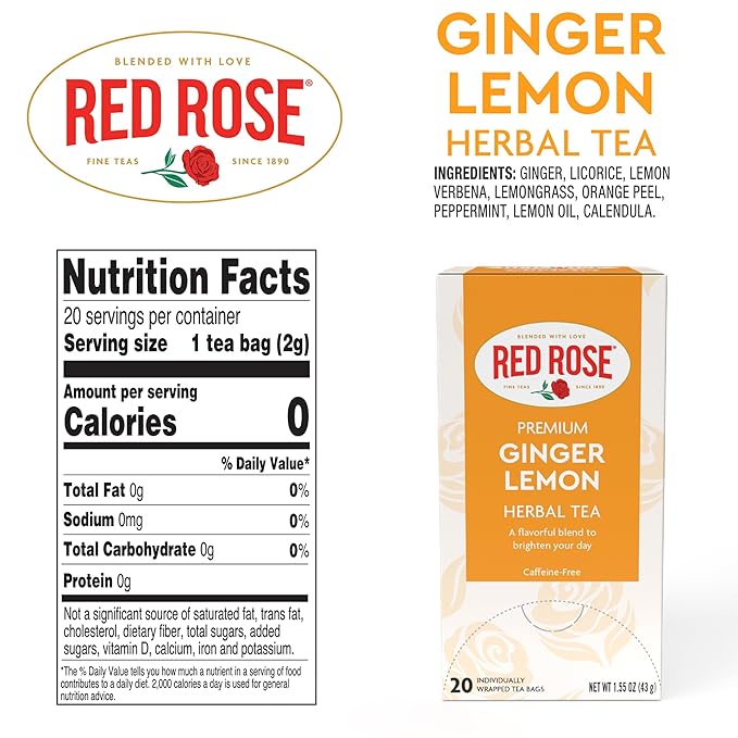 Red Rose Ginger Lemon Tea Caffeine Free Herbal Tea Naturally Flavored Tea with Mint, Lemon, Orange & Lemongrass Herbal Tea with 20 Individually Wrapped Tea Bags Per Box (Pack of 6)