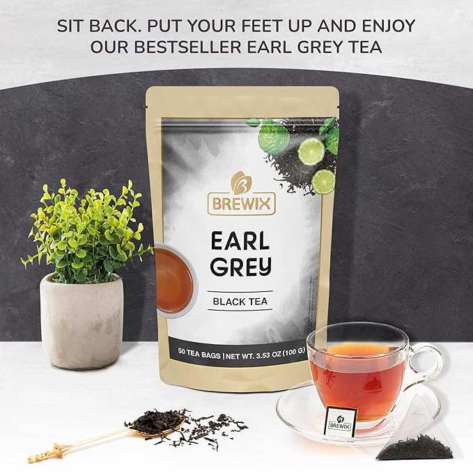 BREWIX, Earl Grey Black Tea Bags (50 Pyramid Bags) Bold & Aromatic Tea with Bergamot | Gluten Free, Energizing & Caffeinated | Sugar-Free, High Caffeine | Gourmet Tea
