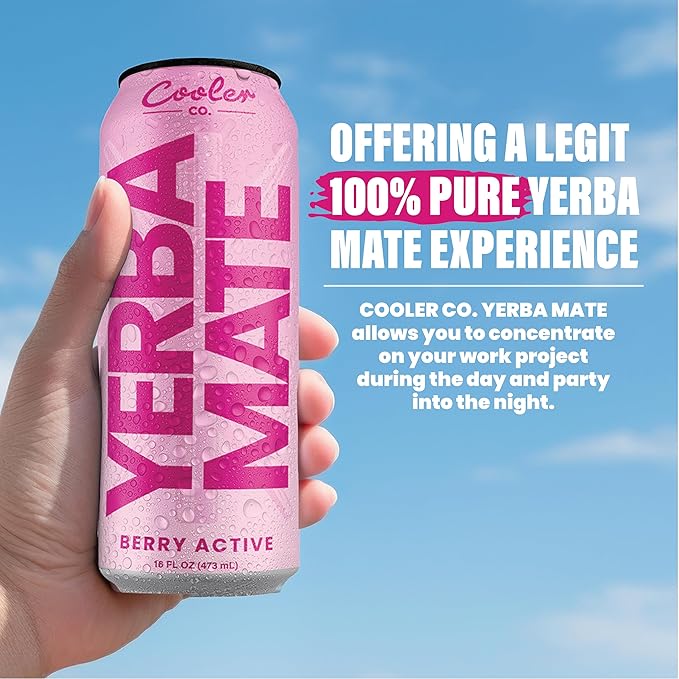 COOLER CO. | YERBA MATE | 12 Pack | 100% Organic Yerba Mate Caffeine | 150 mg Caffeine | 3 Organic Ingredients | Natural Ingredients | No Artificial Colors or Stimulants | Berry Active Flavor