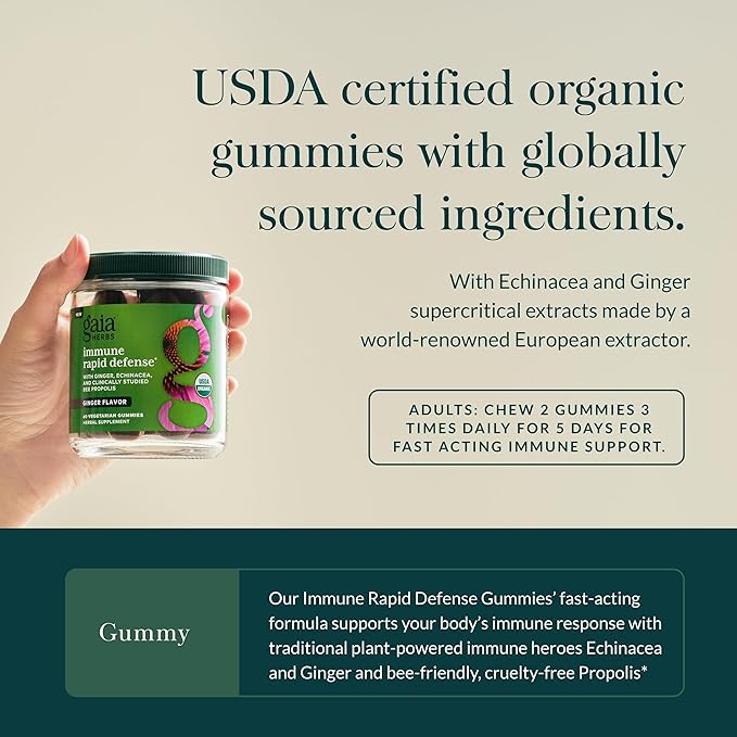 Gaia Herbs Organic Immune Rapid Defense Gummies - Supports Immunity - with Propolis, Ginger, and Echinacea - 60 Vegan Gummies (30-Day Supply)