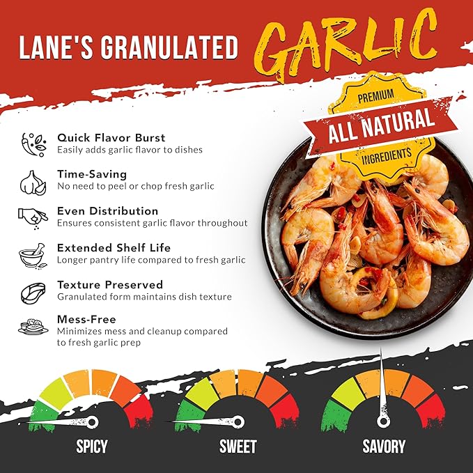 Lane's Granulated Garlic, All-Natural Granulated Garlic Powder, Perfect for Sauces and Dry Rubs Garlic Seasoning, Made in USA Garlic Granules, 10.5 Oz