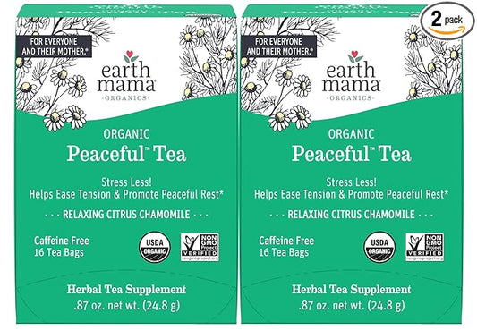 Earth Mama Organic Peaceful™ Tea | Stress Less! Calming, Relaxing Herbal Blend Safe for Pregnancy & Beyond, 16 Teabags Per Box (2-Pack)